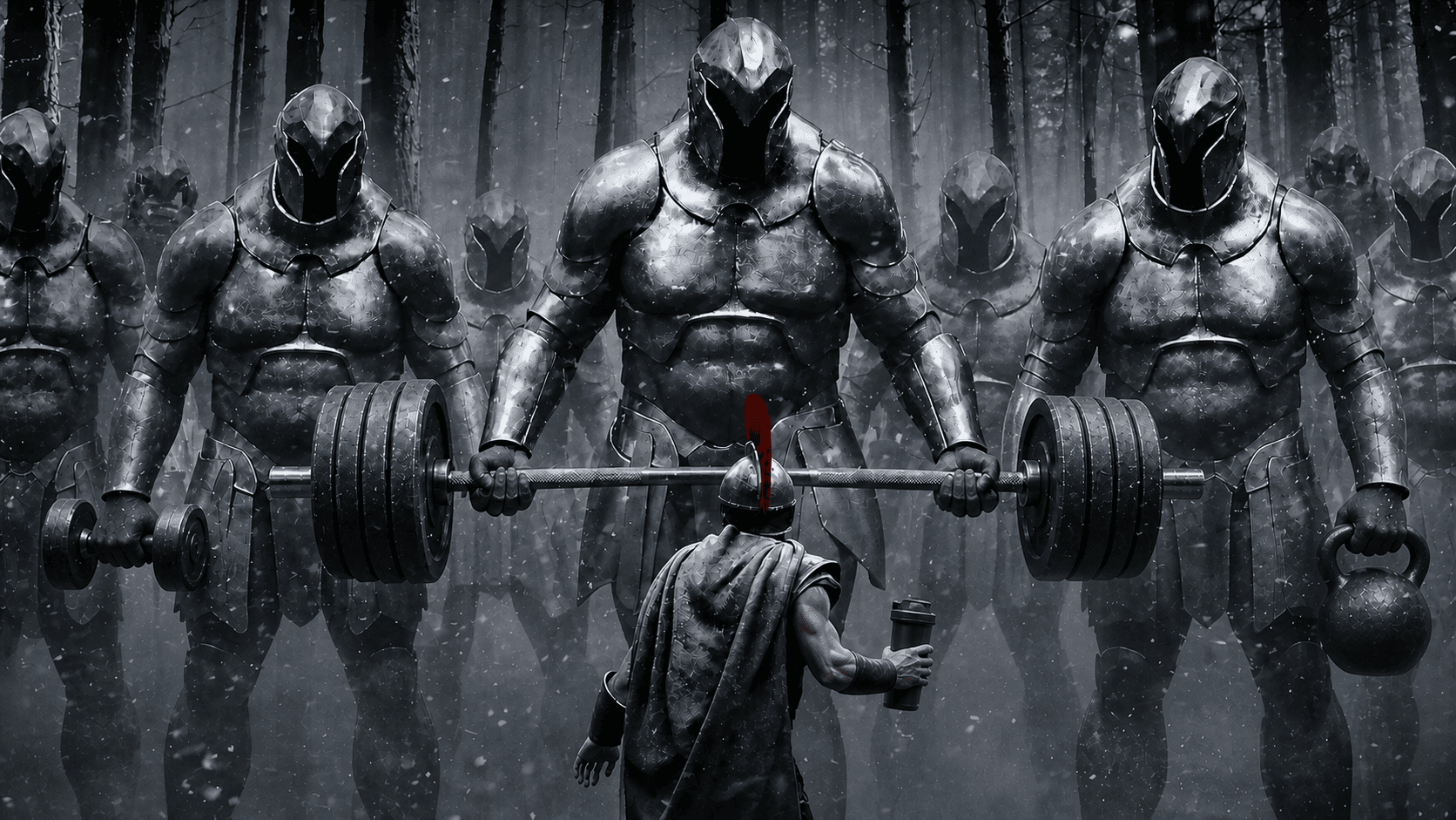 A trainee holding a protein shaker faces colossal armored lifters carrying a barbell, dumbbell, and kettlebell in a snowy training ground.